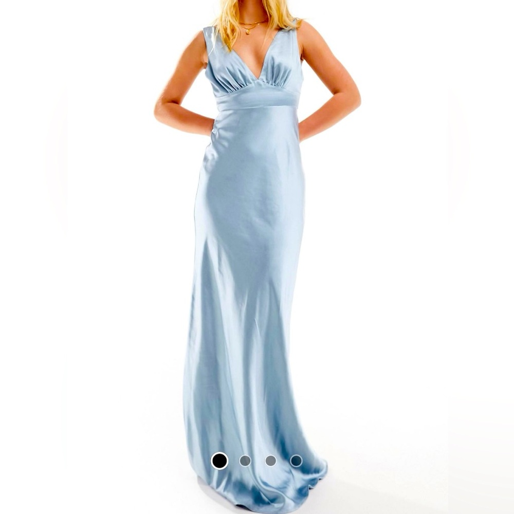 Dusty Blue Six Stories Gown Bridesmaid Dress with tie bow back